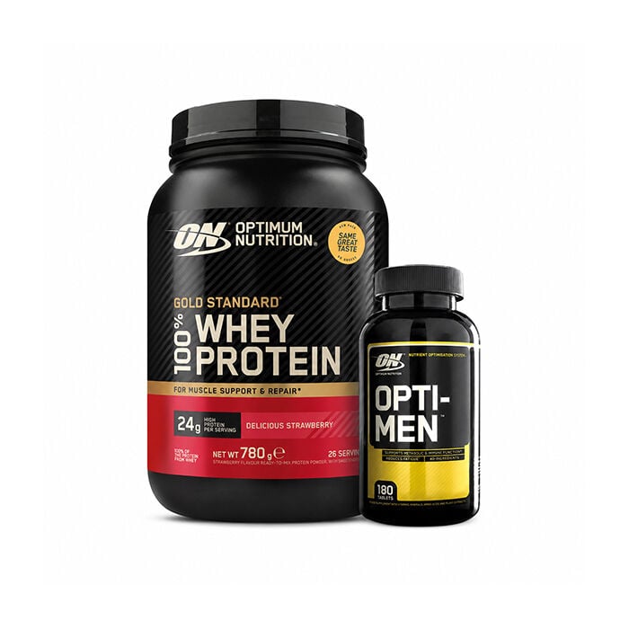 100% Whey Gold Standard Vassleprotein 700 g + Opti-Men, 180 Tabletter