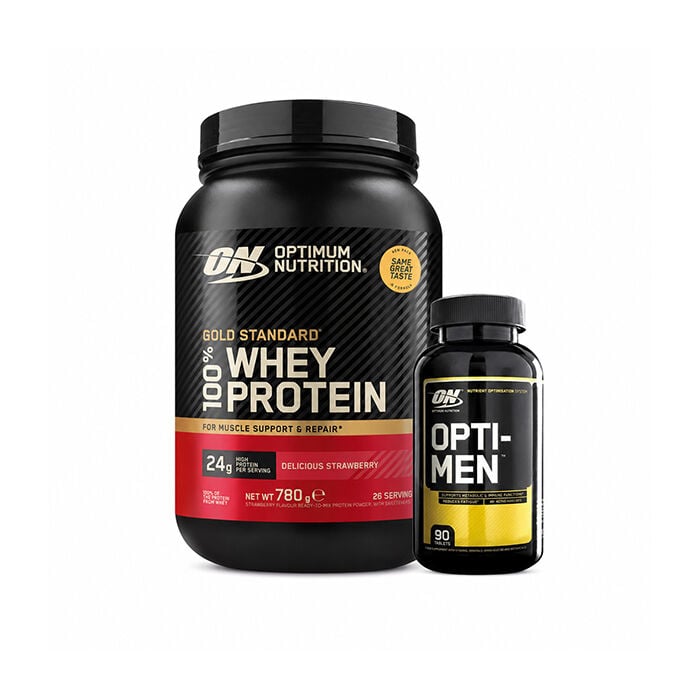 100% Whey Gold Standard Vassleprotein 700 g + Opti-Men, 90 Tabletter