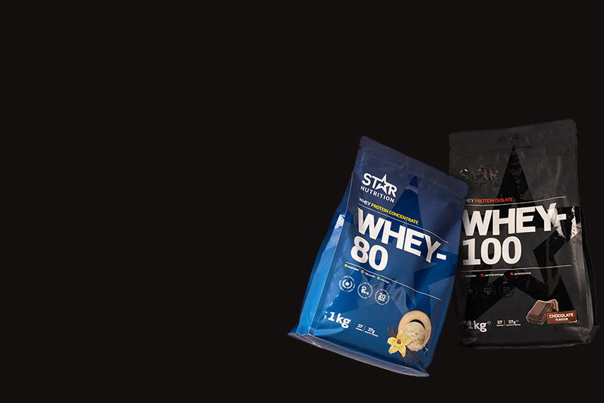 Skillnaden mellan Whey-80 och Whey-100 Bild på två påsar proteinpulver. En Whey-80 och en Whey-100