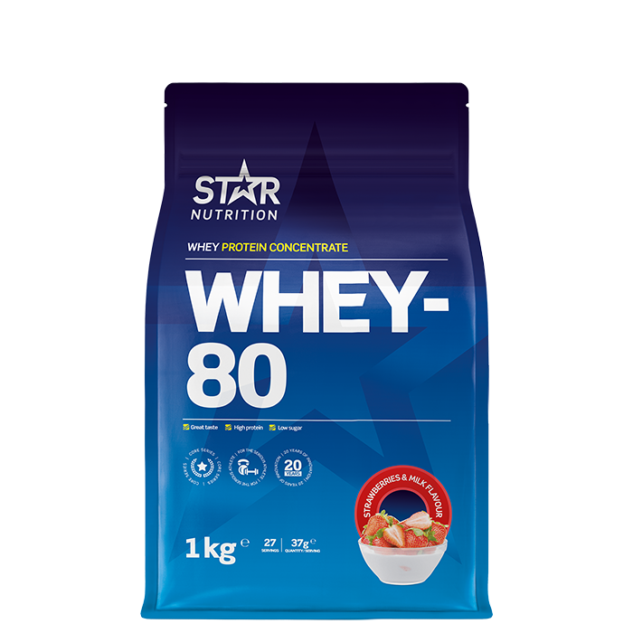 Star Nutrition Whey-80 Vassleprotein 1 kg, Jordgubbar och Mjolk