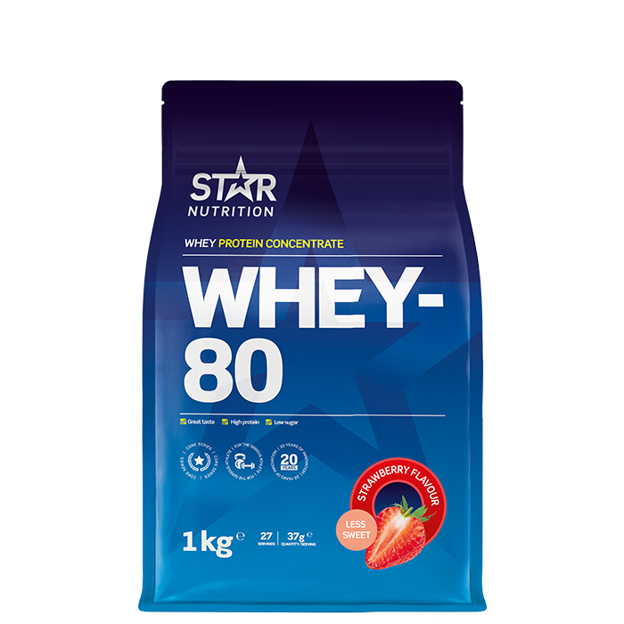 Star Nutrition Whey-80 Vassleprotein 1 kg, Strawberry Less Sweet