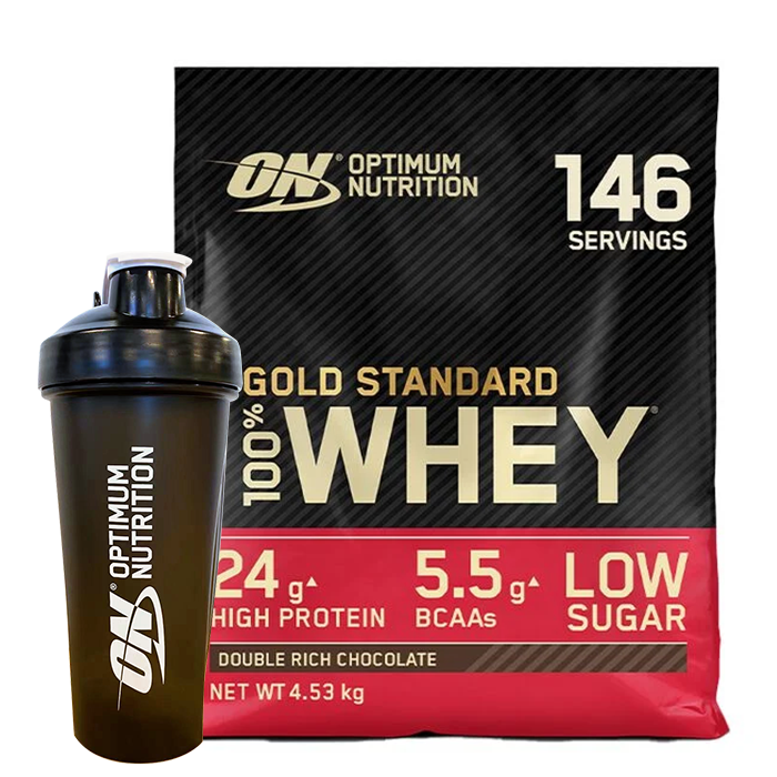 Optimum Nutrition 100% Whey Gold Standard Vassleprotein 4545 g + Optimum Shaker 900 ml, Black