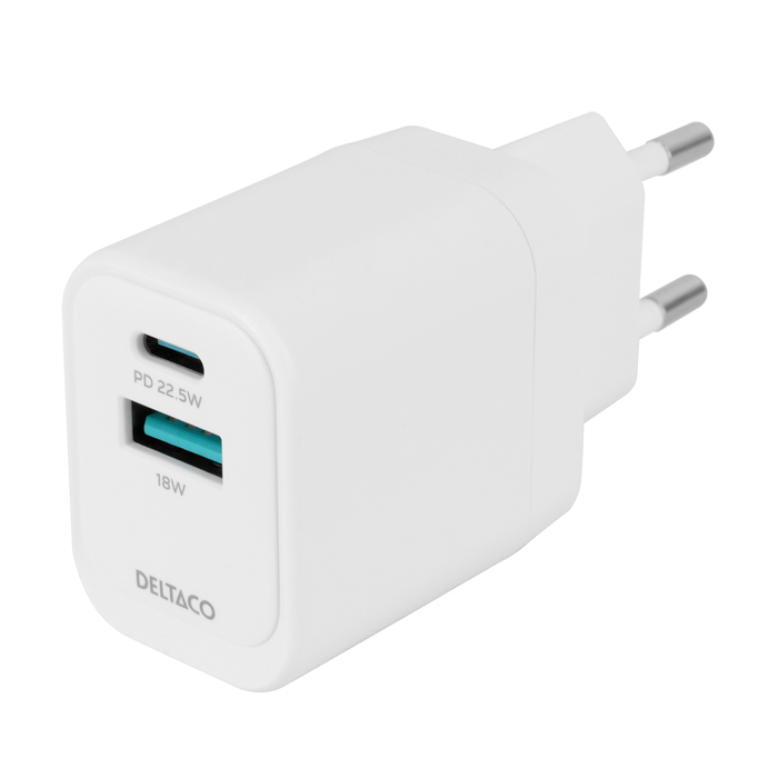 USB-v&auml;ggladdare med 1x USB-A 18W och 1x USB-C PD 20W Vit