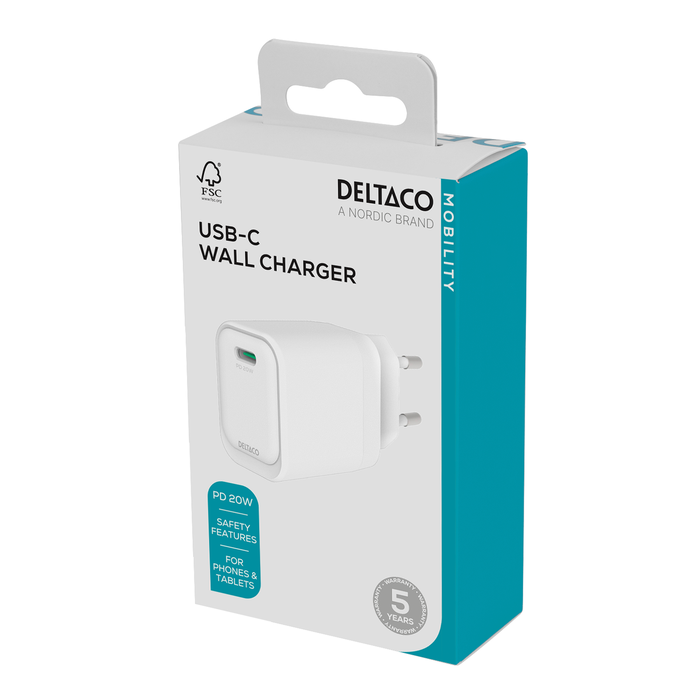 USB-C-v&auml;ggladdare PD 20W med 1x USB-C Vit