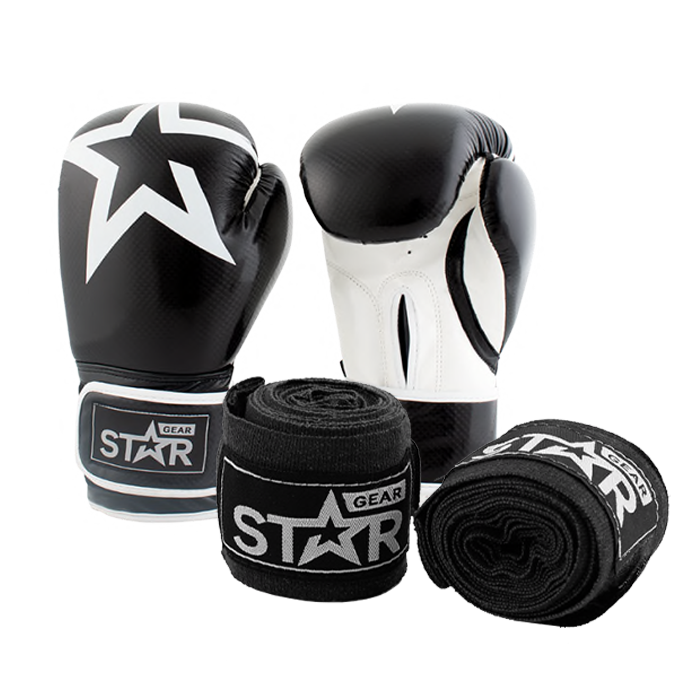 Läs mer om Star Gear Boxing Gloves, Black + få Hand Wraps på köpet