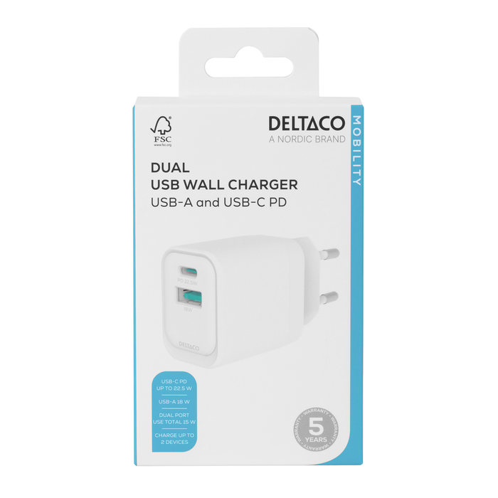 USB-v&auml;ggladdare med 1x USB-A 18W och 1x USB-C PD 20W Vit