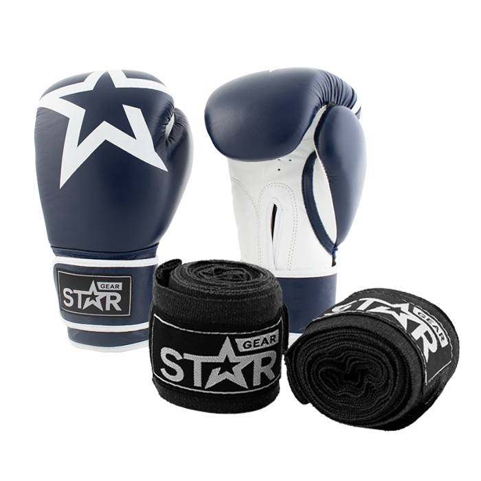 Star Gear Leather Boxing Gloves, Patriot Blue + få Hand Wraps på köpet
