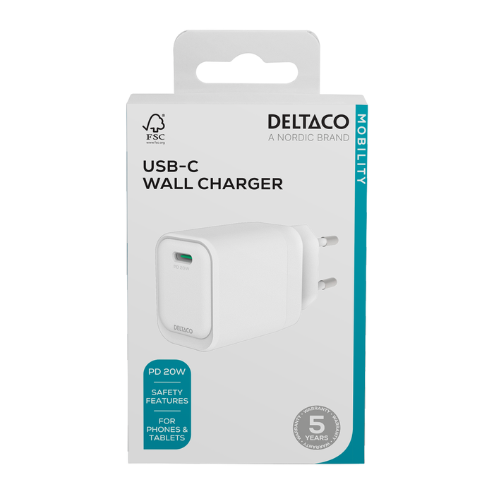 USB-C-v&auml;ggladdare PD 20W med 1x USB-C Vit