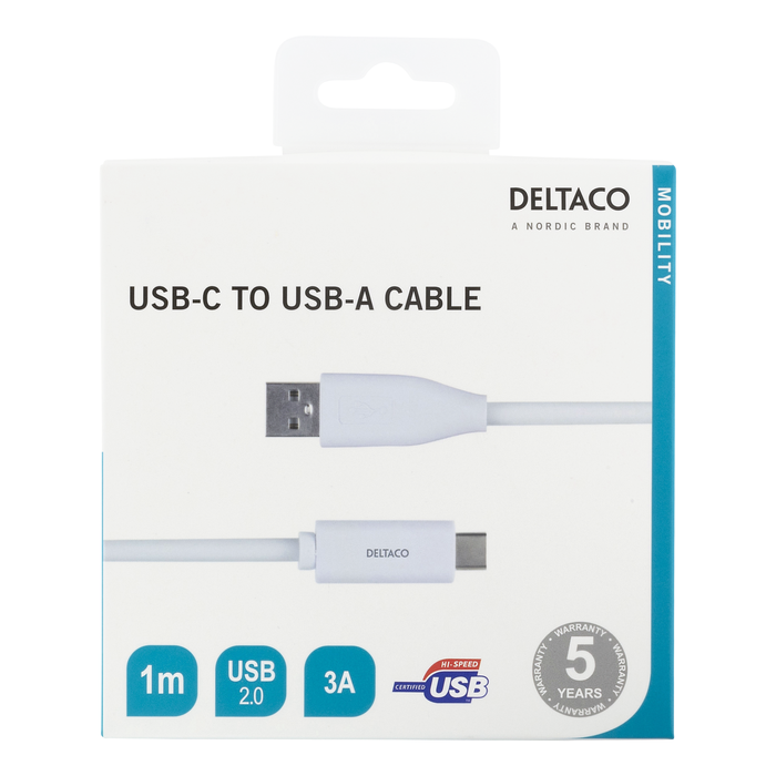 USB-A till USB-C Kabel 1 m 3A USB 2.0 Vit