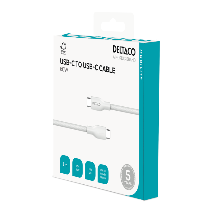 USB-C till USB-C Fl&auml;tad Laddningskabel 60W 1 m Vit