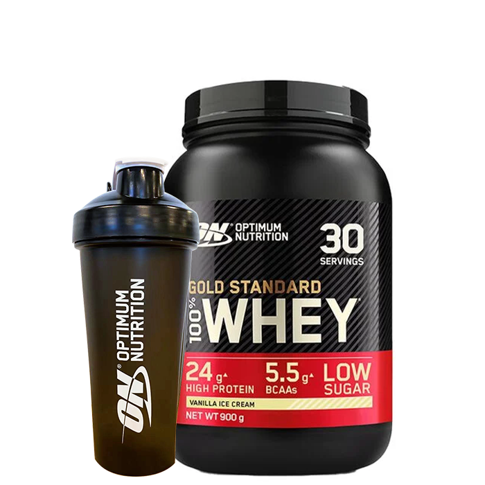Optimum Nutrition 100% Whey Gold Standard Vassleprotein 908 g + Optimum Shaker 900 ml Black