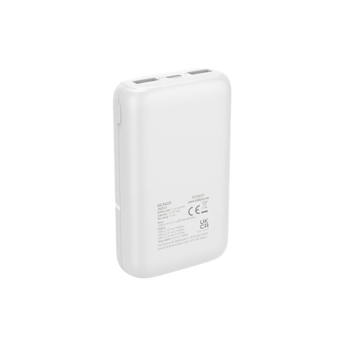 Powerbank 10 000 mAh med 2x USB-A och 1x USB-C Vit
